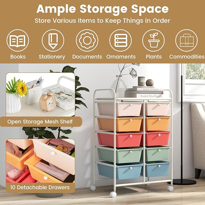 HAPPYGRILL 10-Drawer Rolling Storage Cart, Storage Organizer Cart with Lockable Wheels, Beauty Salon Movable Utility Cart for School, Office, Home, (Macaroon Colorful)