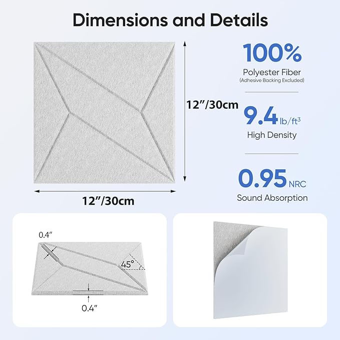 UNECHO 12 Pack 12" X 12" X 0.4" Acoustic Panels for Wall Sound Absorbing, P-Stripes Square Self-Adhesive Sound Panel, High Density Suitable for Multiple Scenarios(Snow White)