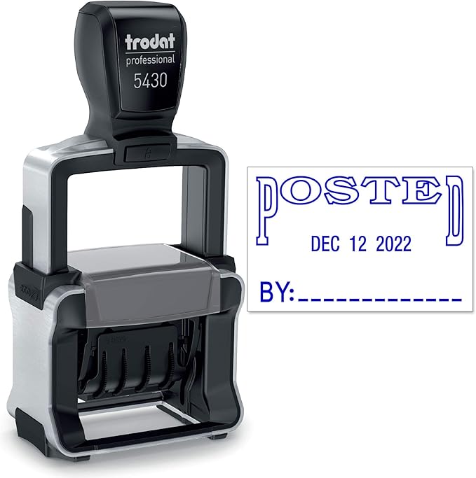 Trodat 5430 Professional Self-Inking Date Stamp with Posted - Blue Ink