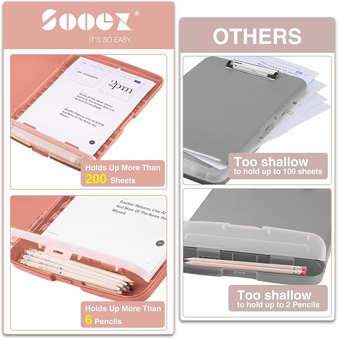 Sooez Clipboard with Storage, High Capacity Nursing Clip Board 8.5 x 11 with Pen Holder & Low Profile Clip, Plastic Clipboards Case Box, Teacher Must Haves School Office Supplies,Letter Size/ A4