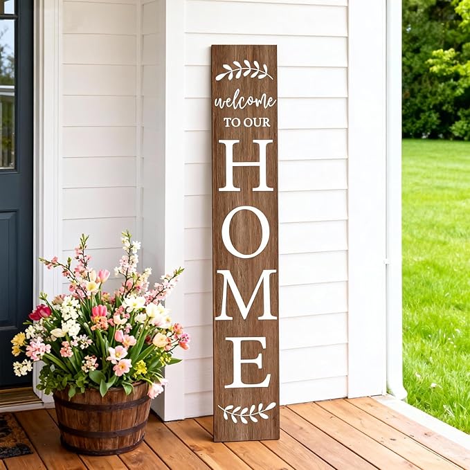 Welcome Sign for Front Porch, 47" Large Wooden Welcome to Our Home Sign Door Hanging Standing Plaque, Farmhouse Vertical Outdoor Porch Decorations for Yard Patio Entrance (Natural)