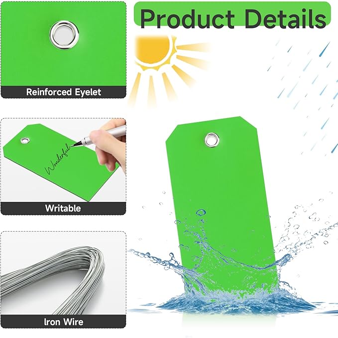 500 Pieces Plastic Shipping Tags with Wire Waterproof Hang Tags Heavy Duty Labeling Tags with String Wires Tags Labels Labeling Tags Stacking Tags for Equipment Car Parts (Green, 4 3/4 x 2 3/8)