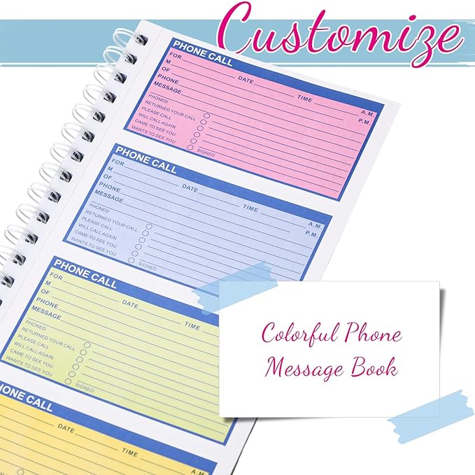 Sinmoe 1 Pcs Spiral Bound Phone Message Book with Carbon Copy 5-1/2" x 11" 2 Part Colorful Carbonless Telephone Message Pads Duplicate Spiral Phone Call Log Book for Business Office (Rose Red,Blue)