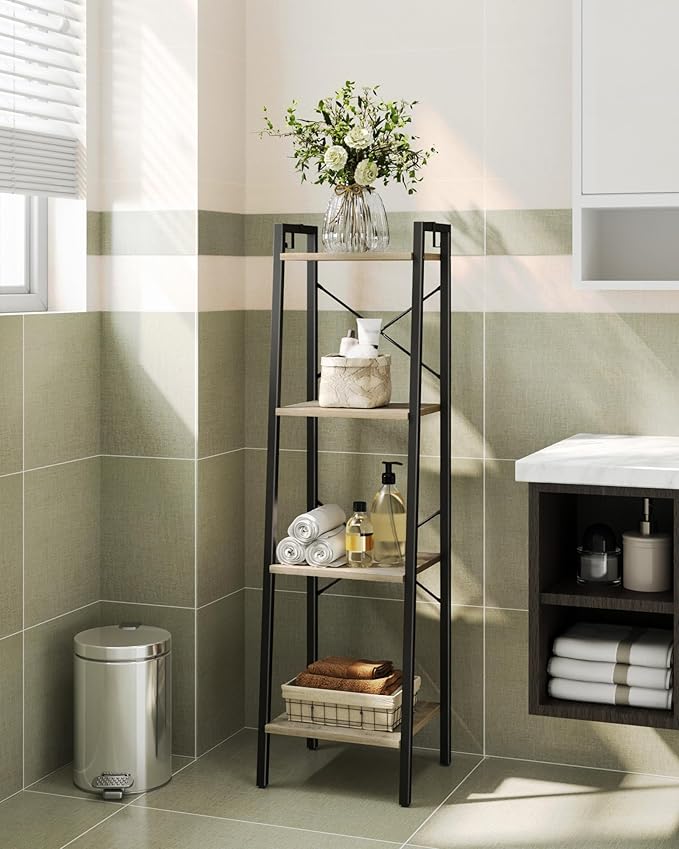 Hzuaneri Ladder Shelf, Bookshelf Bookcase, Freestanding Corner Storage Shelve with 2 Hooks for Home Office, Living Room, Kitchen, Bedroom, Industrial, 11.8" D x 13.4" W x 47.2" H, Greige BC13205B