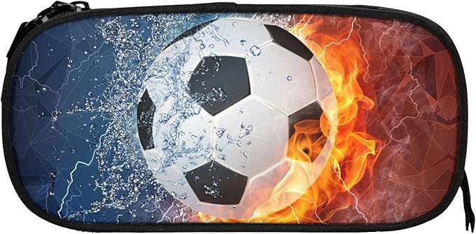 Boys Pencil Case with Soccer Printed, Cool Fire & Water Portable Pen Bag Pouch with Zipper for Teens Stationary Supplies, Small Pencil Box Cosmetic Bag for Sports Girls