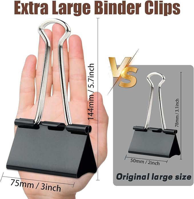 18 Pack 3 Inch Jumbo Binder Clips, Extra Large Binder Clips Heavy Duty Paper Clamps for Office and Home Supplies, Black