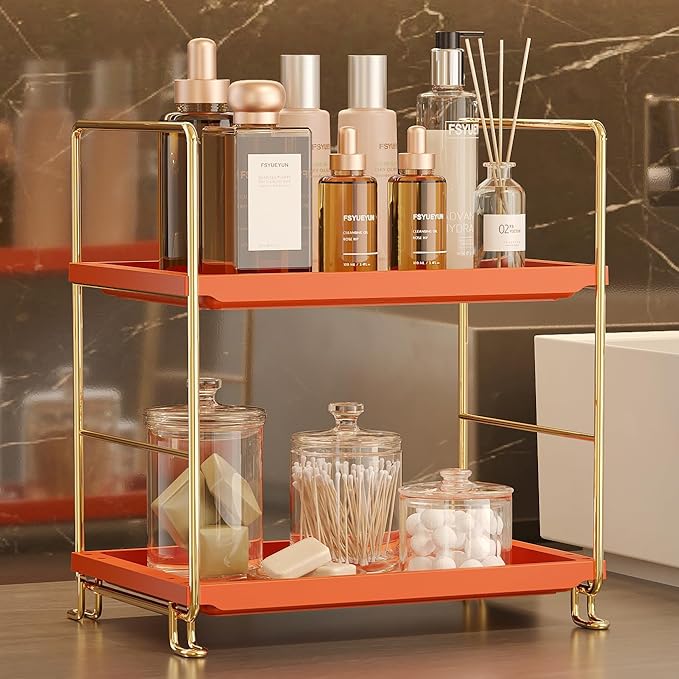 FSyueyun 2-Tier Bathroom Countertop Organizer,Bathroom Organizers and Storage with Tool-Less Installation, Premium Plastics for Makeup, Perfume, Skincare on Dresser Vanity Tray(Gold & Orange)