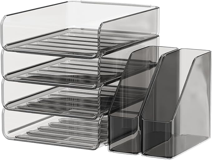 Clear Paper Organizer with Movable Bookends, Brown Acrylic Stackable Paper Tray for Desk, 4-Tier Letter Tray Organizer Office Supplies