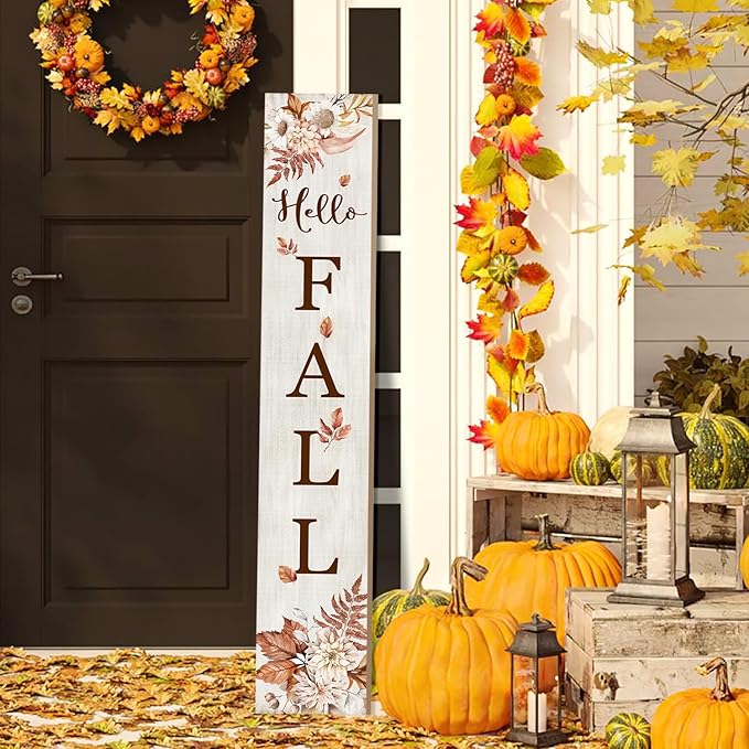 Hello Fall Porch Sign 47" Thanksgiving Day Wooden Door Sign Large Autumn Welcome Sign with Leaves Standing Front Door Decor for Home, Yard, and Fall Parties