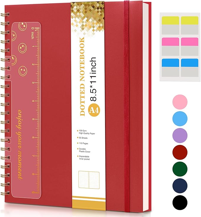 UEBZFOCS Dotted Notebook, Spiral Notebook Journal 8.5” x 11”, A4 Large Dot Grid Notebooks for Women Men, 100 GSM Dotted Paper, Plastic Hardcover Spiral Bullet Journals for Work School Sketching, Red