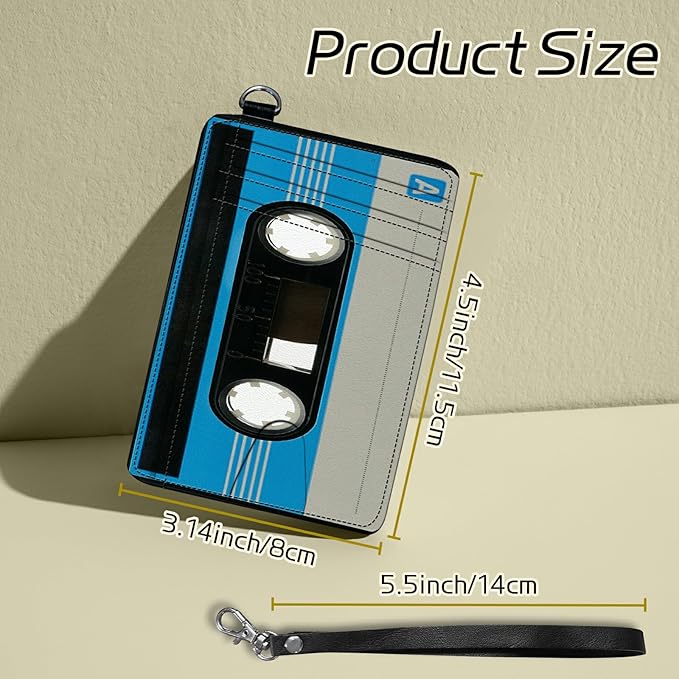 BWEGRHE Small Travel Wallets, Blue Cassette Slim Minimalist Front Pocket Wallet with Wristlet, RFID Blocking PU Leather Credit Card Holder with ID Window Change Purse for Men Women