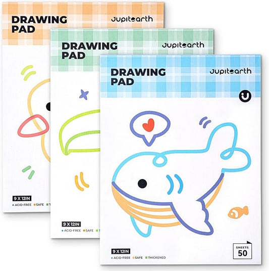 JUPITEARTH Sketch Pads, 3-Pack 50 Sheets 9x12 Inch Drawing Pad, Acid-Free Thickened Glue-Bound Sketchbook, Art Supplies, Drawing Paper for Coloring Painting for School
