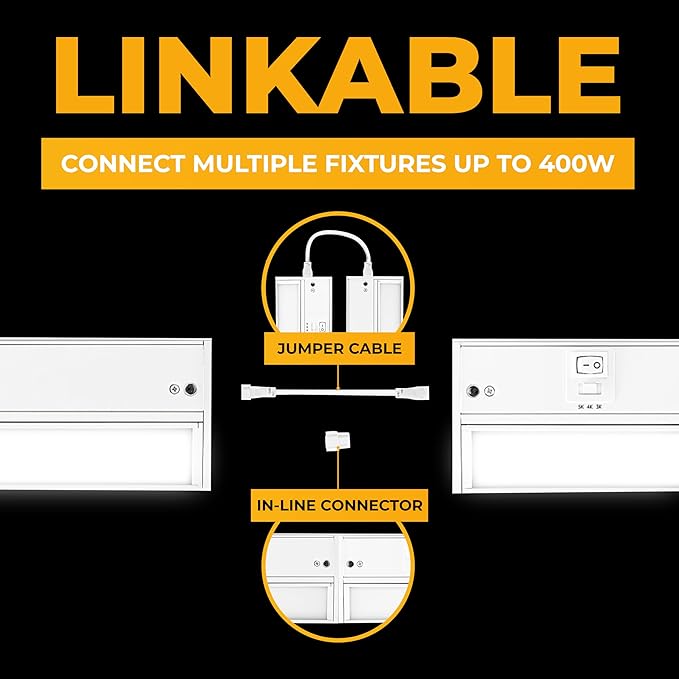 LED Under Cabinet Lighting Hardwired - 3CCT 24 Inch White Finish - Undercabinet Lights for Kitchen - Linkable Undercounter Dimmable Plug in Light or Hard Wired - Under Counter Fixture Direct Wire