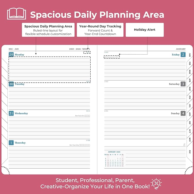 IN-LUXPRO Planner 2026 Daily Weekly and Monthly,8.5"x6.5",12 Months Spiral Bound Calendar Agenda with Self-adhesive Pen Holder,2026 Appointment Book with Vegan Leather Soft Cover,Rose Red
