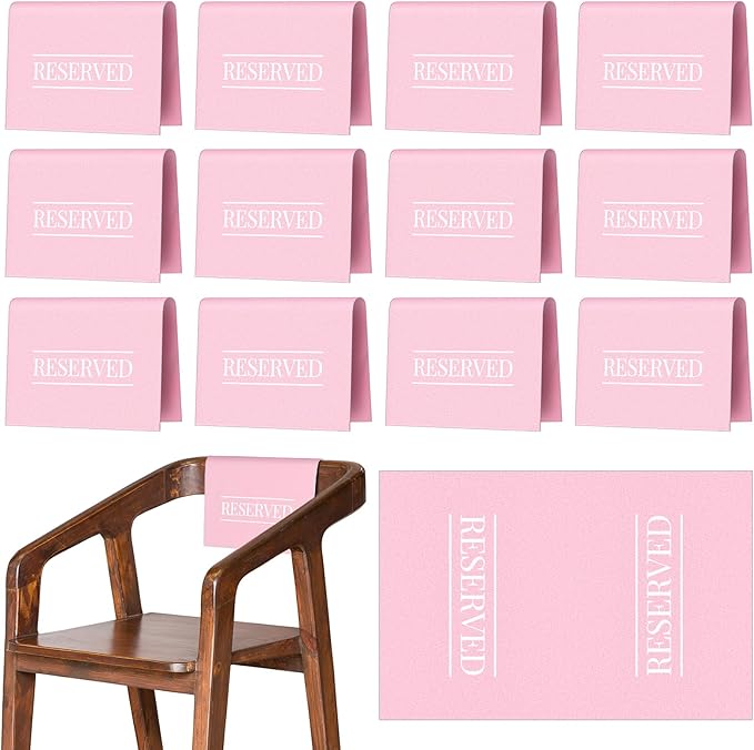 Buryeah 12 Pcs Reserved Seating Signs for Chairs Church Pew Reserved Chair Signs Placeholder with Printed Words for Weddings Parties Celebrations Receptions Church or Event (Pink)