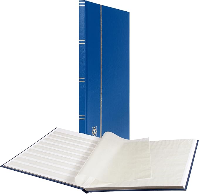 LIGHTHOUSE – “BASIC” Hard Cover Stockbook for Stamps – 16 White Cardstock 9”x12” (A4) Pages with Glassine Strips - Blue