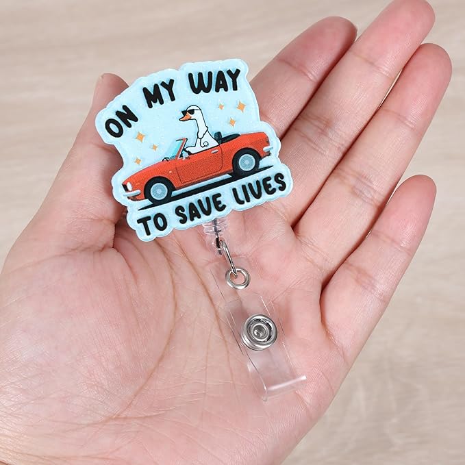 On My Way To Save Lives Funny Silly Goose Nurse Badge Reel, Cute Paramedic Retractable ID Card Badge Holder, Name Tag Badge Clip for RN ED/ER EMT CCM ICU NICU Nurse Nursing Student EMS Medical Workers