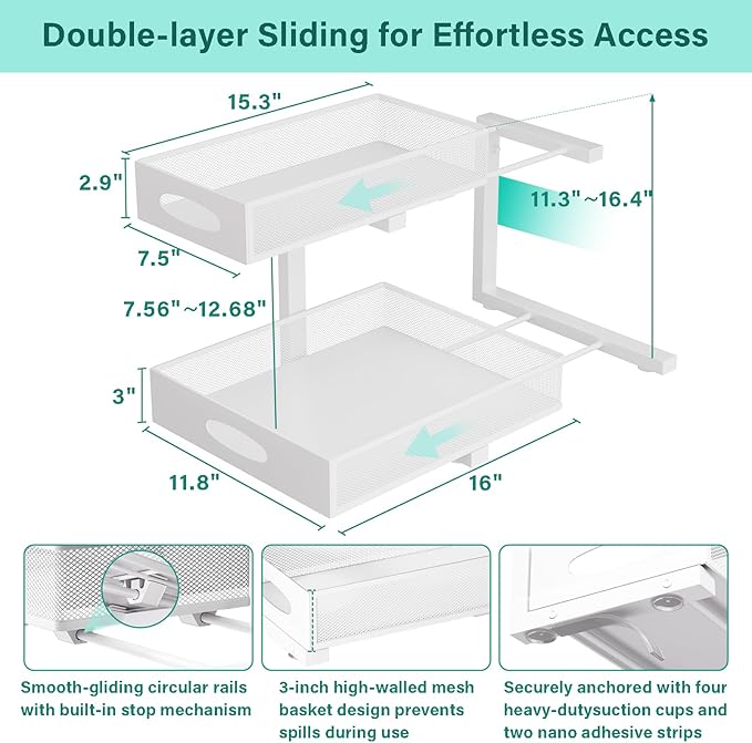 Beleeb Under Sink Organizer, Extra-Wide Upgrade, 1 Pack 2 Tier Metal Slide Out Cabinet Organizer, Height Adjustable Organization and Storage Series, Bathroom/Cabinet/Kitchen organization, White