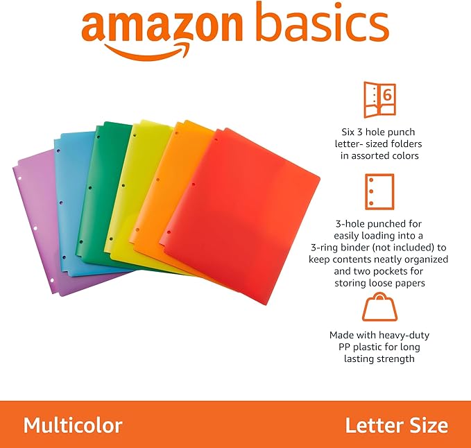 Amazon Basics Plastic 3 Hole Punch Folders with 2 Pockets, 8.5 x 11 inches, Pack of 6, Assorted Color