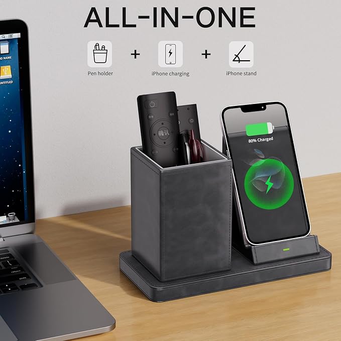 LADSTAG Multi-Functional Pencil Holder for Desk,Gray Vegan Leather Organizers with Remote Control Holder,Pencil Holder,Desk Organizer with Phone Wireless Charger for Office/Nightstand/Endtable