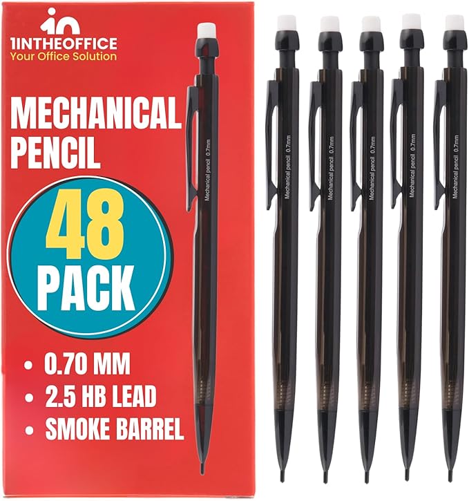 1InTheOffice Mechanical Pencils 0.7mm, HB2.5, Black Lead, 48 Pack