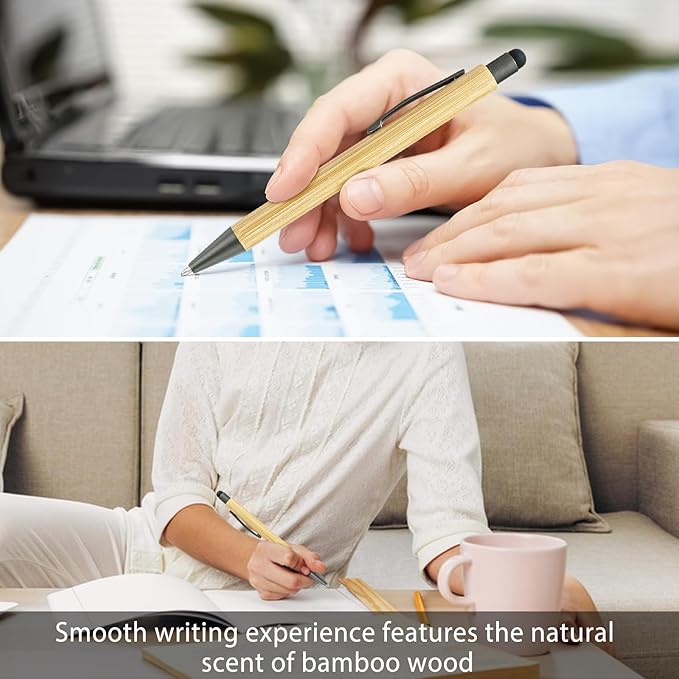 lyforx 100pcs Bamboo Pens Bulk with Touch Stylus Tip Wooden Bamboo Pens Engraving Wooden Ballpoint Pen Customizable Gift Pen Bulk Grey