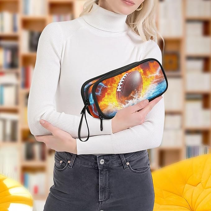 DVGMBXY Football Water and Fire Pencil Case Box for kids Teens Boys Girls Large Pencil Pouch with Zipper Compartments Big Capacity Stationery Pen Bag Organizer for Kids Teens Adults School Office