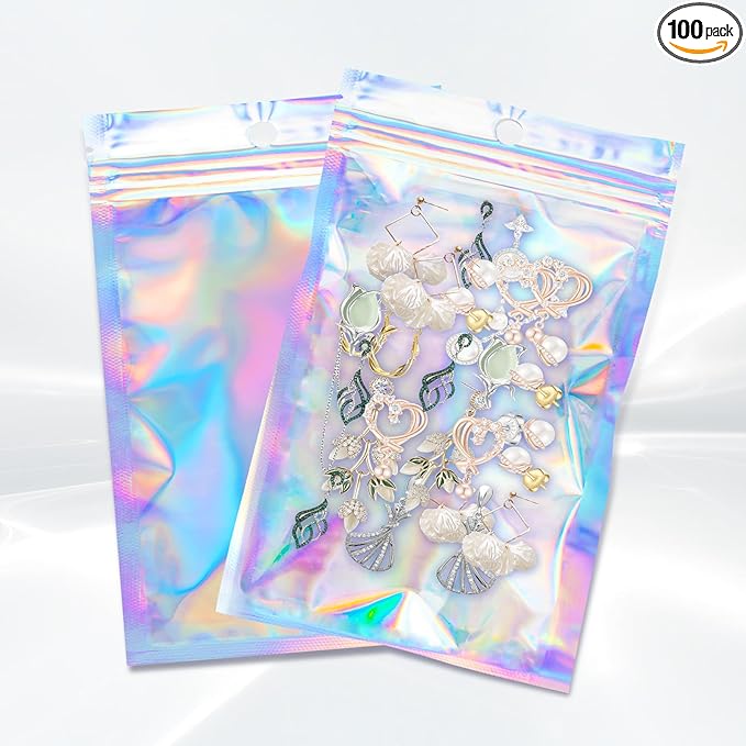 100Pcs Holographic Resealable Bags, 4x6 inch Packaging Foil Pouch ，Motomy Mylar Food Storage Bag Great for Small Business and Party Favor……