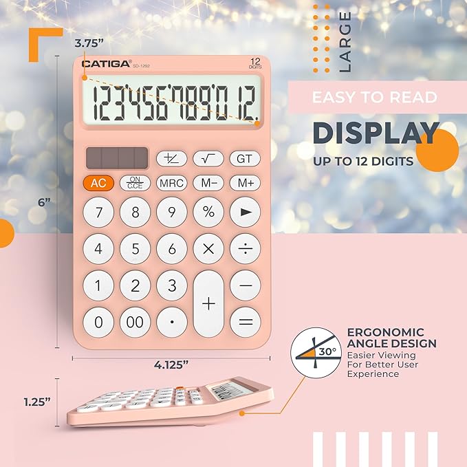 CATIGA 12 Digit Desktop Calculator Basic Desk Calculator with Large LCD Display, Big Buttons, 4 Function, Solar and Battery Dual Power, for Office, School, Home, SD-1292 Pink