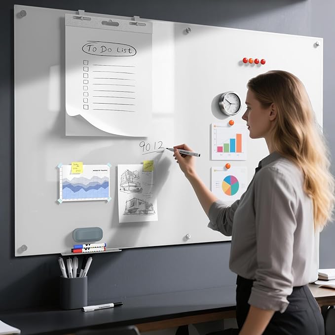 MaxGear Glass Whiteboard Tempered Magnetic Dry Erase Board 60 x 40 Inch Ultra White, Frameless Wall Mounted, Office Classroom Conference Room Home Use, Includes Markers, Eraser, Magnets & Mounting Kit