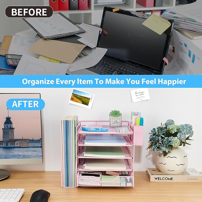 Gugsey Desk Organizer, 5-Tier Paper Letter Tray Organizer with File Holder, Drawer and Pen Holder, Desktop Organizer for Office Supplies, Pink