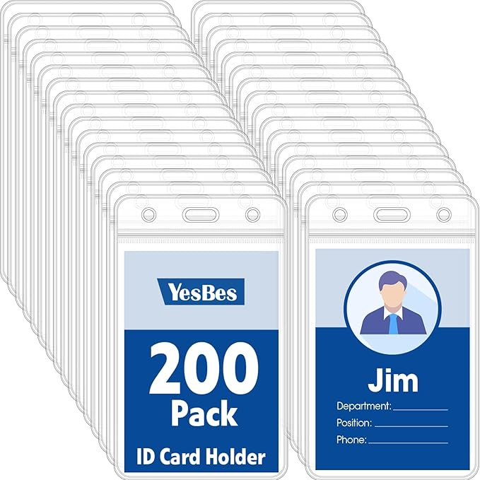 200 Pcs Vertical Badge Holders, Waterproof ID Badge Holder, Clear ID Card Holder with Resealable Zip for Proximity Cards, RFID, Credit Cards