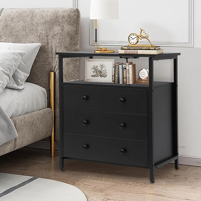 Edbuosy 3 Wooden Drawers Nightstand, 27 Inch Wide Night Stand Set 2 with Charging Station and Adjustable Drawers, Small Dresser for Closet, Bedside Table for Living Room/Bedroom/Office, Black.