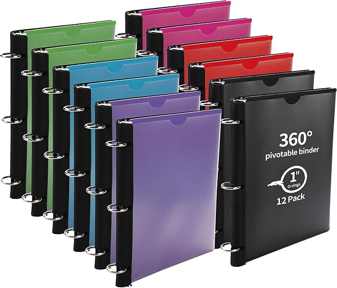 Tashkummy 360° Pivotable 3 Ring Binder, Upgraded Foldable Binders 1 inch 12 Pack, Thin Small Three Ring Binder Fits 8.5" x 11", for Home, School and Office- Black, Purple, Pink, Blue, Green, Red