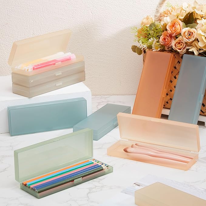 Fainne 24 Pcs Plastic Pencil Case Bulk Pencil Boxes Plastic Stationery Case Frosted Pen Box Pen Holder with Hinged Lid Snap Closure for Office(Single Layer,Morandi Colors,7.09 x 2.36 x 0.98 Inch)