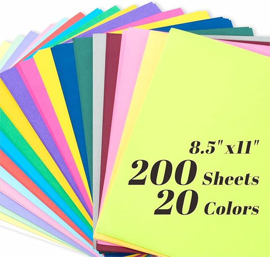 200 Sheets Colored Cardstock 20 Assorted Colors, 65lb/180gsm 8.5" x 11" Card Stock Paper, Bulk Colorful Cardstock for Cricut, DIY Crafts, Office Printing, Party Decor