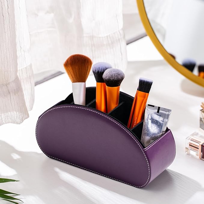 Remote Control Holders Organizer Box with 5 Compartment PU Leather Multi-functional Office Desk Storage Caddy Store Tv Remote for Media Player,Brush,Pencil,Glassees&Office Supplies (Dark purple)