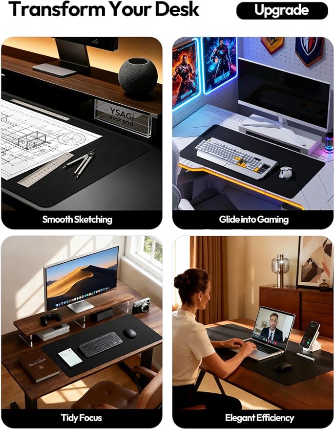YSAGi Leather Desk Protector, Office Mat, Large Mouse Mat, Non-Slip PU Leather Blotter, Laptop Desk Mat, Waterproof Writing Pad for Office and Home (Black, 31.5" x 15.8")