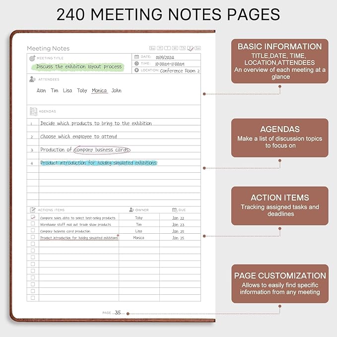 EMSHOI Meeting Notebook for Work with Sticky Tabs - 240 Pages, A4 Size Project Planner, PU Leather Meeting Agenda/Minutes Organizer for Women Men, Note Taking, Office & Business, 8.3"x11.7", Coffee