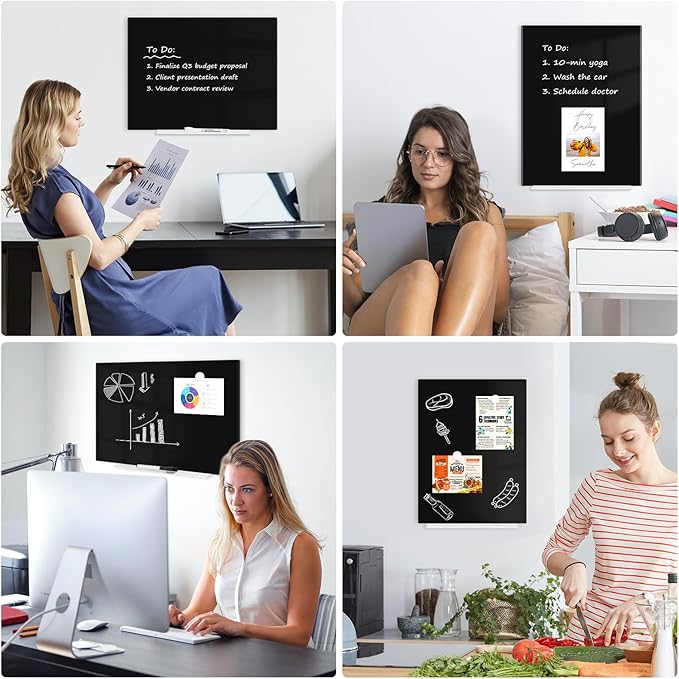 Magnetic Glass Whiteboard for Wall, 16" x 12" Glass Dry Erase Board, Large Frameless White Board for Home and Office - Black