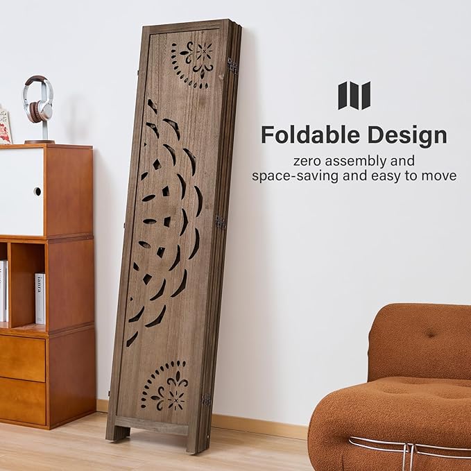 66.9Inch Wooden Room Partition - 6 Panels Boho-Styled Space Room Divider for Home/Office, Headboard & Yoga/Photo/Video Call Backdrop (Brown)