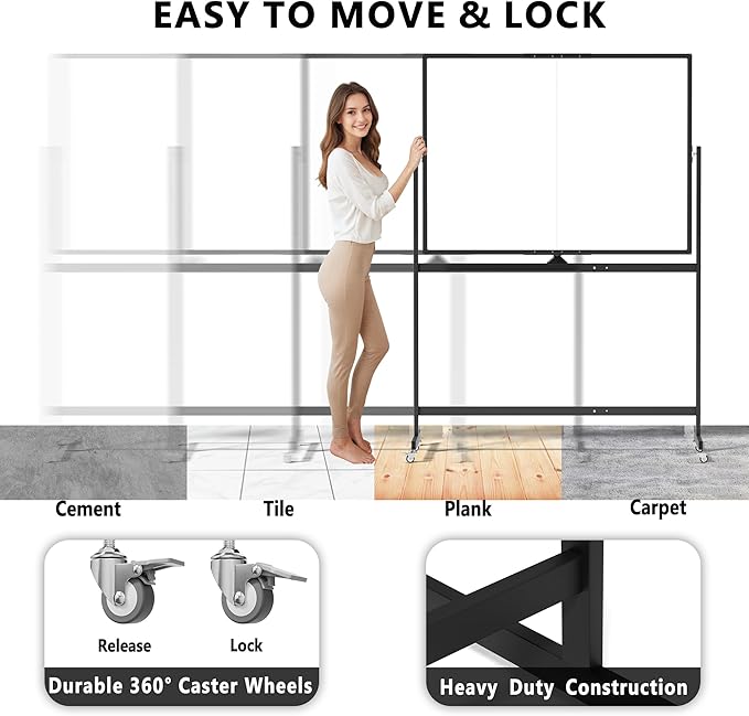 Neatsure Large Rolling Whiteboard on Wheels, 48" x 36" Double-Sided Mobile White Board with Stand, 4' x 3' Portable Standing Magnetic Dry Erase Board Easel for Home Office Classroom School, Black