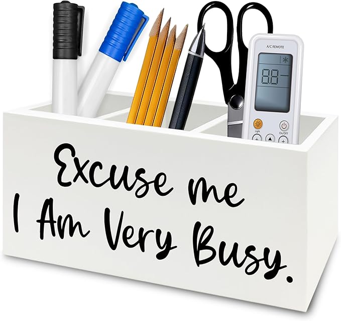 QZQE Funny Pen Pencil Holder Organizer for Desk, Funny Office Decor, Excuse Me I Am Very Busy Wooden Box Signs Decorations for Home Workplace Office Desk Tabletop