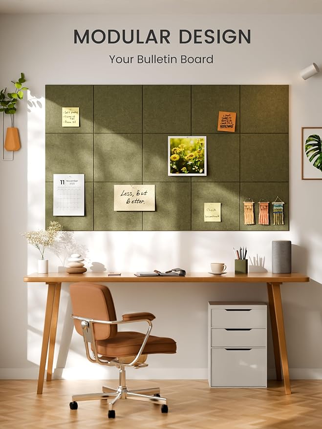 Bumusty Large Cork Board 47"x35" Alternative - 12 Pack Felt Wall Tiles with 70 Safe Removable Adhesive Tabs, 30 Pushpins, Cork Boards for Walls Pin Board Bulletin Board Office Decor (Olive Green)