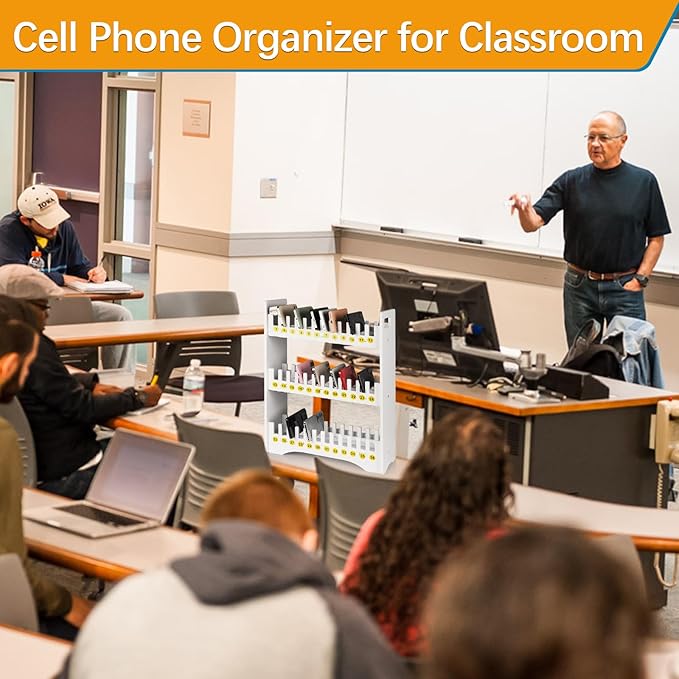 Ozzptuu Cell Phone Holder Classroom Cell Phone Storage 3-Tier Multiple Cell Phone Stand Rack with 1-36 Number Stickers PVC Board Mobile Phone Holder Desktop Organizer for Classroom Office