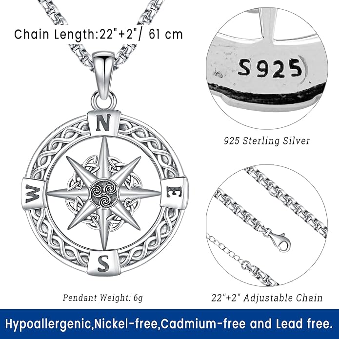 Compass Necklace for Women Men 925 Sterling Silver Pendant Urn Necklaces for Ashes Picture Locket Necklace Anchor Necklace Viking Necklace Crystals CZ Moonstone Abalone Shell Turquoise Compass Jewelry