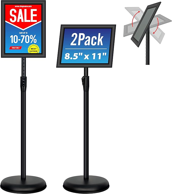 VAIIGO 2Pack 8.5x11 Inch Adjustable Pedestal Poster Sign Stand, Heavy Duty Floor Standing Sign Holder Stand Aluminum Snap Open Frame for Vertical and Horizontal View Sign Displayed(Black)