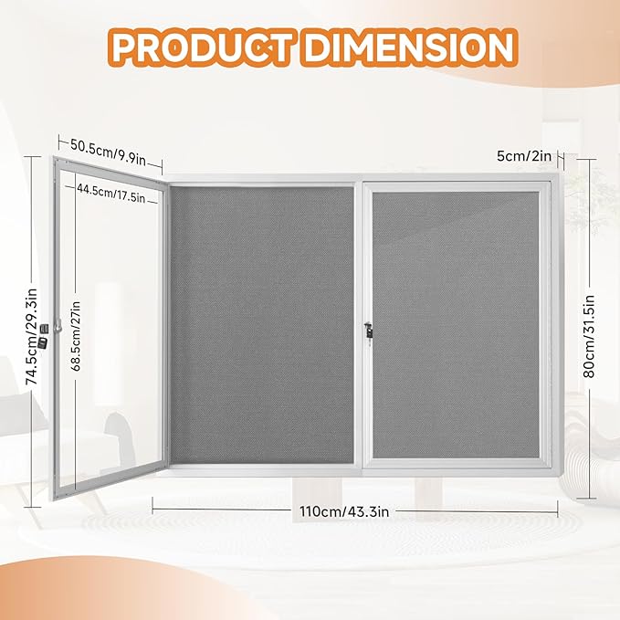 Enclosed Bulletin Board with Locking Door, Outdoor Bulletin Board Weatherproof, Lockable Display Case for Home, Office, and Community Use(31.5" L x 43.3" W Gray)