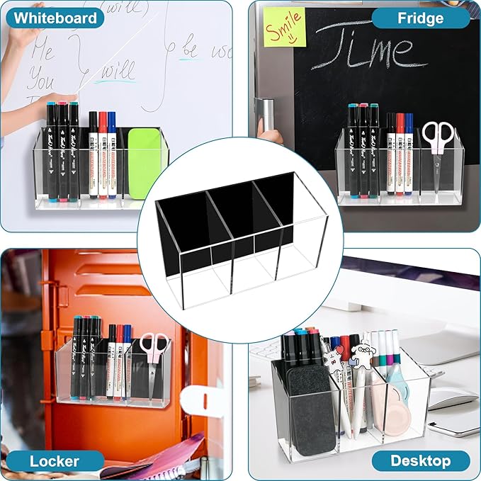VACONICO Magnetic Pen Holder, Acrylic Dry Erase Marker Holder, Large Capacity Pencil Holder for Whiteboards, Fridge, Lockers Office School Supplies (Clear & 3 Compartments)