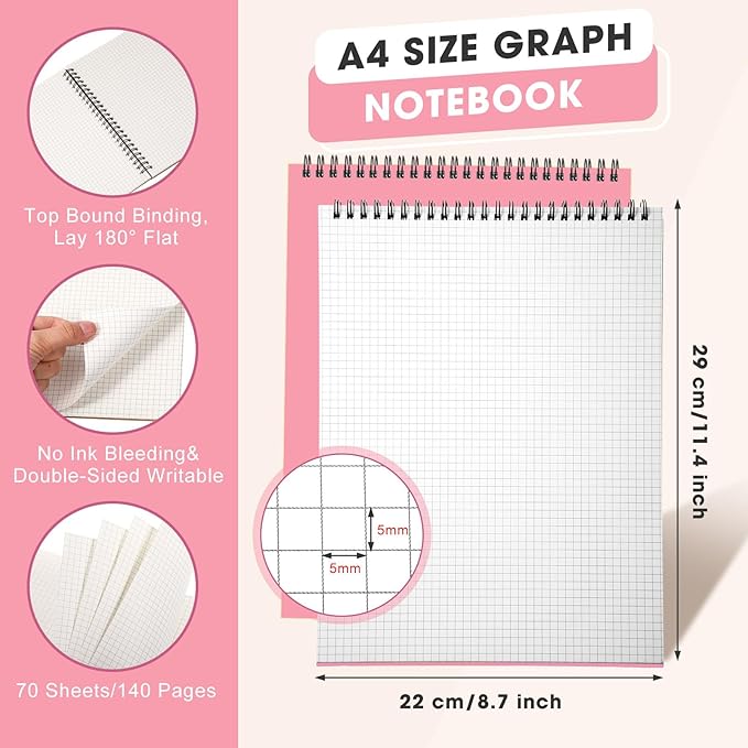 Engrowtic 1 Pack Top Spiral Graph Paper Notebooks 8.7 X11.4 Inch A4 Grid Paper Notepad 70 Sheet Memo Steno Pad for Engineering Writing Sketching Drawing School Office Supplies (Pink)